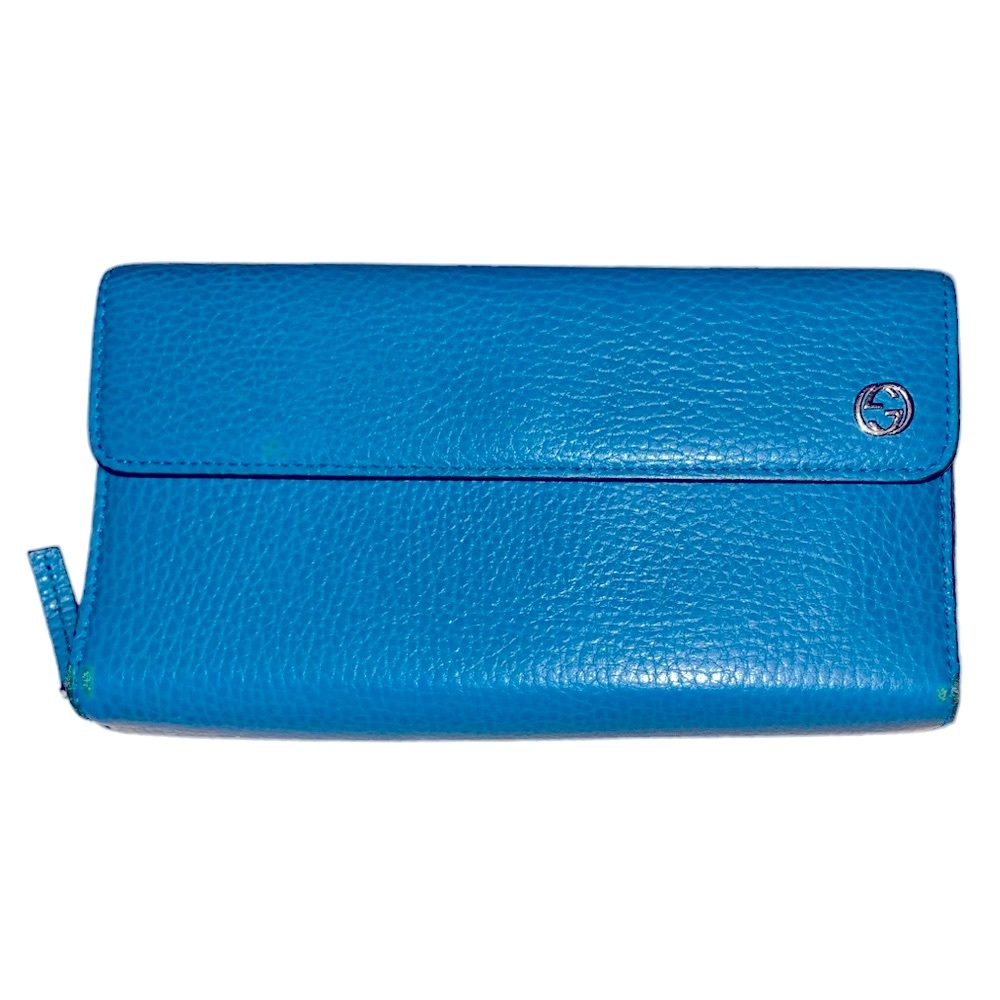 GUCCI Interlocking GG Zip Snap Teal Blue Leather Long Wallet - Picture 1 of 12